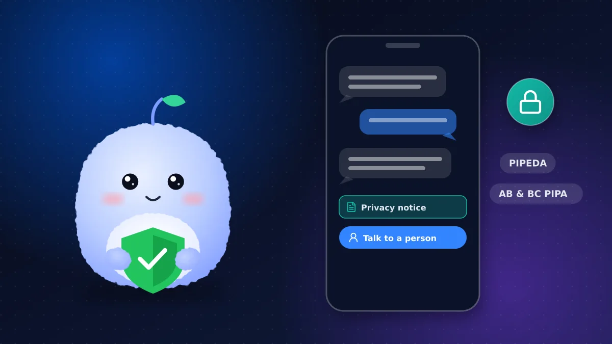 Website chat assistant on a phone with a privacy notice and talk-to-a-person button, next to a privacy shield and PIPEDA labels
