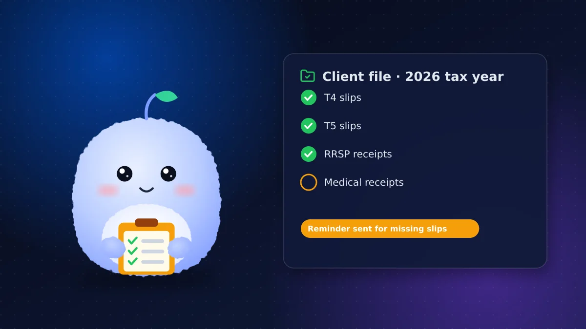 Mochi Agent, VMR's plush AI mascot, holding a clipboard beside a client tax file checklist with T4, T5 and RRSP slips received and a reminder for missing receipts