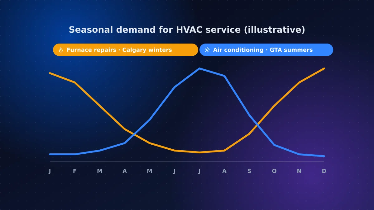 Calendar chart showing seasonal peaks for furnace repairs in winter and air conditioning service in summer for Calgary and the Greater Toronto Area