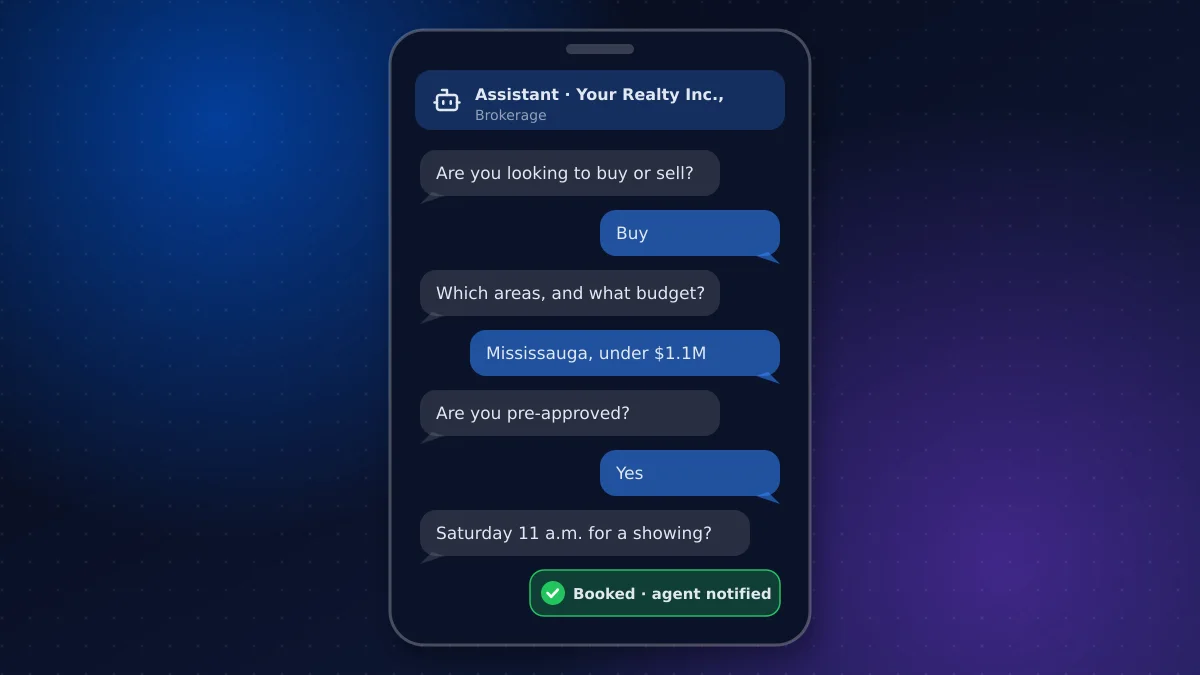 Real estate chatbot conversation on a phone qualifying a home buyer and booking a showing, with the brokerage name shown at the top