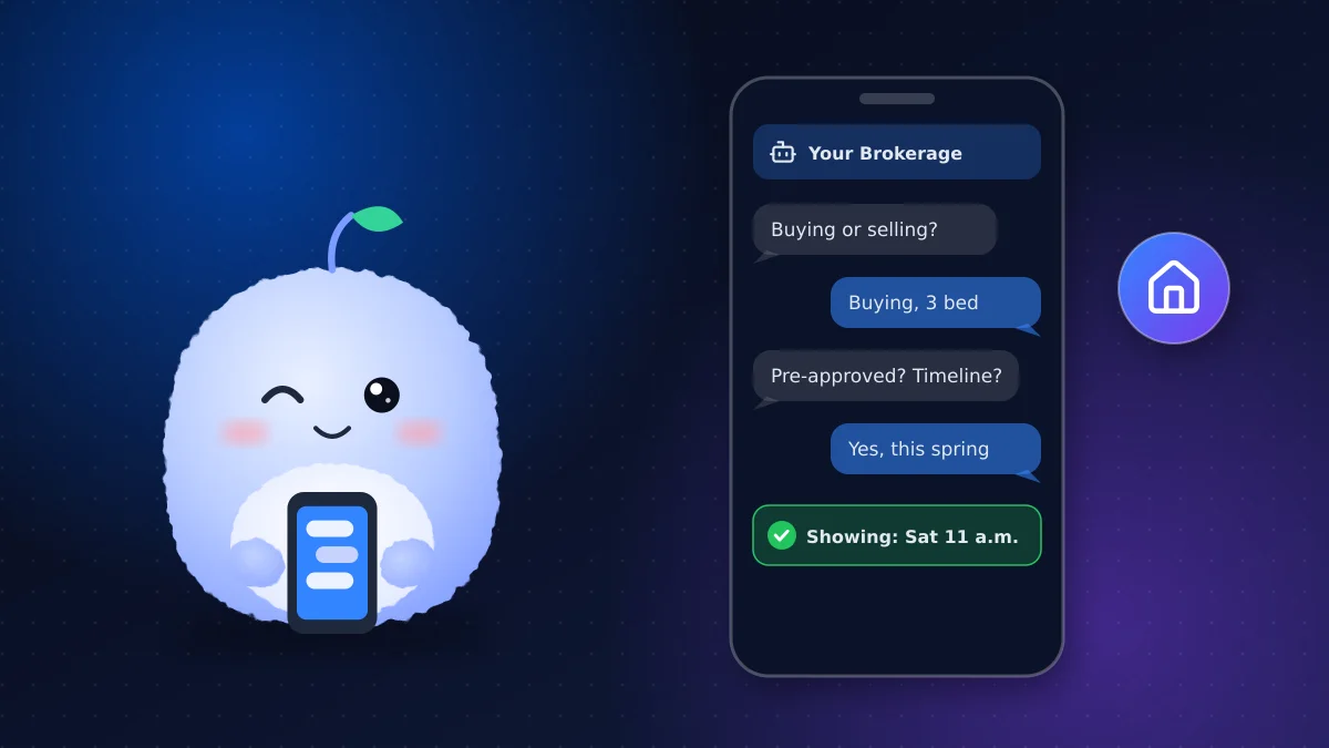 Mochi Agent, VMR's plush AI mascot, holding a phone beside a real estate chat that qualifies a buyer and books a Saturday showing