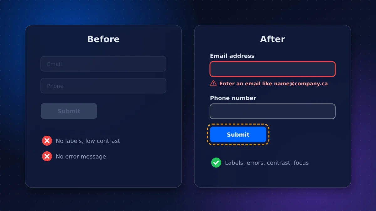 Before-and-after view of a web form showing missing labels and low-contrast text fixed with clear labels, error messages and stronger contrast