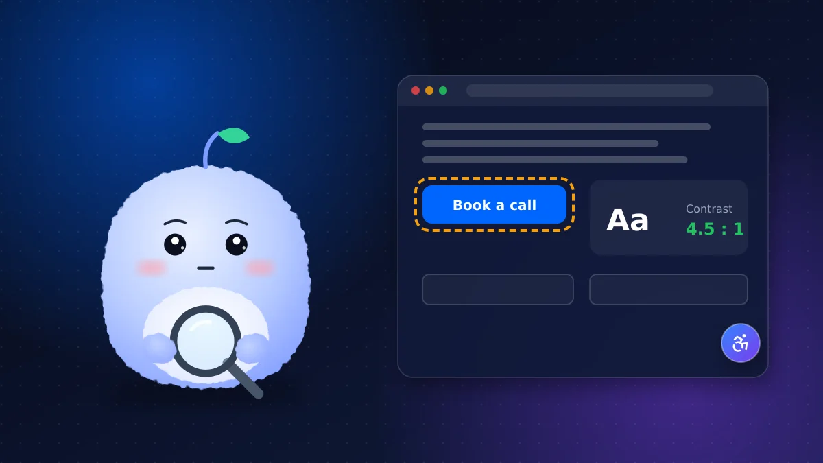 Website with a visible keyboard focus outline on a button, an accessibility icon and a 4.5 to 1 colour contrast check