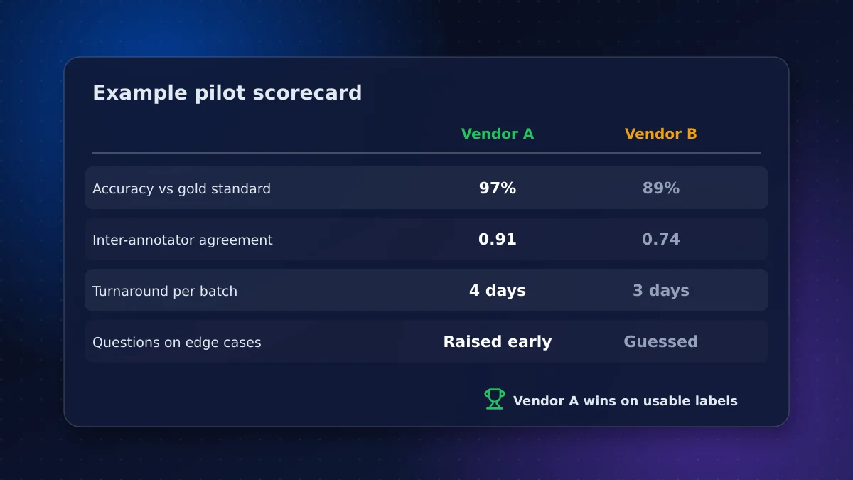 Comparison of pilot results from two annotation vendors showing accuracy, inter-annotator agreement and turnaround time