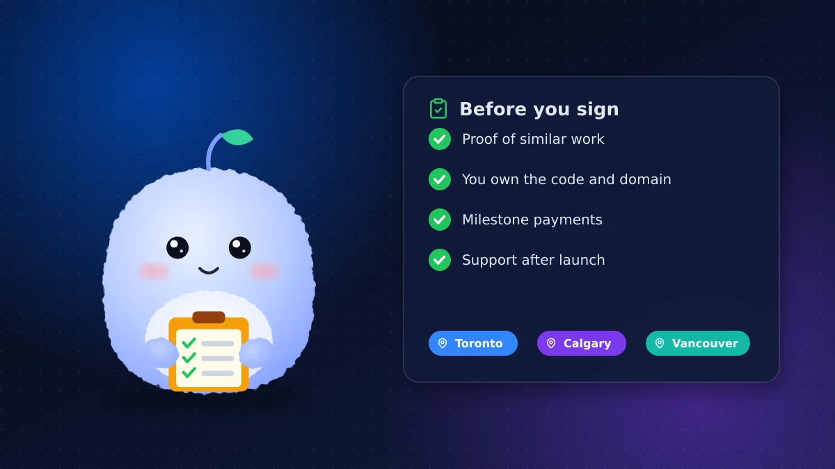 Video call with a web development team beside a pre-signing checklist and city tags for Toronto, Calgary and Vancouver