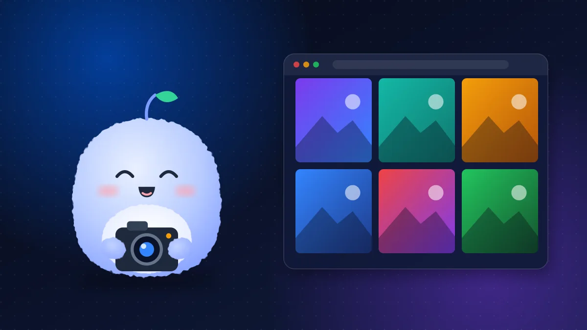Mochi Agent, VMR's plush AI mascot, holding a camera beside a photography portfolio website with a clean image gallery grid