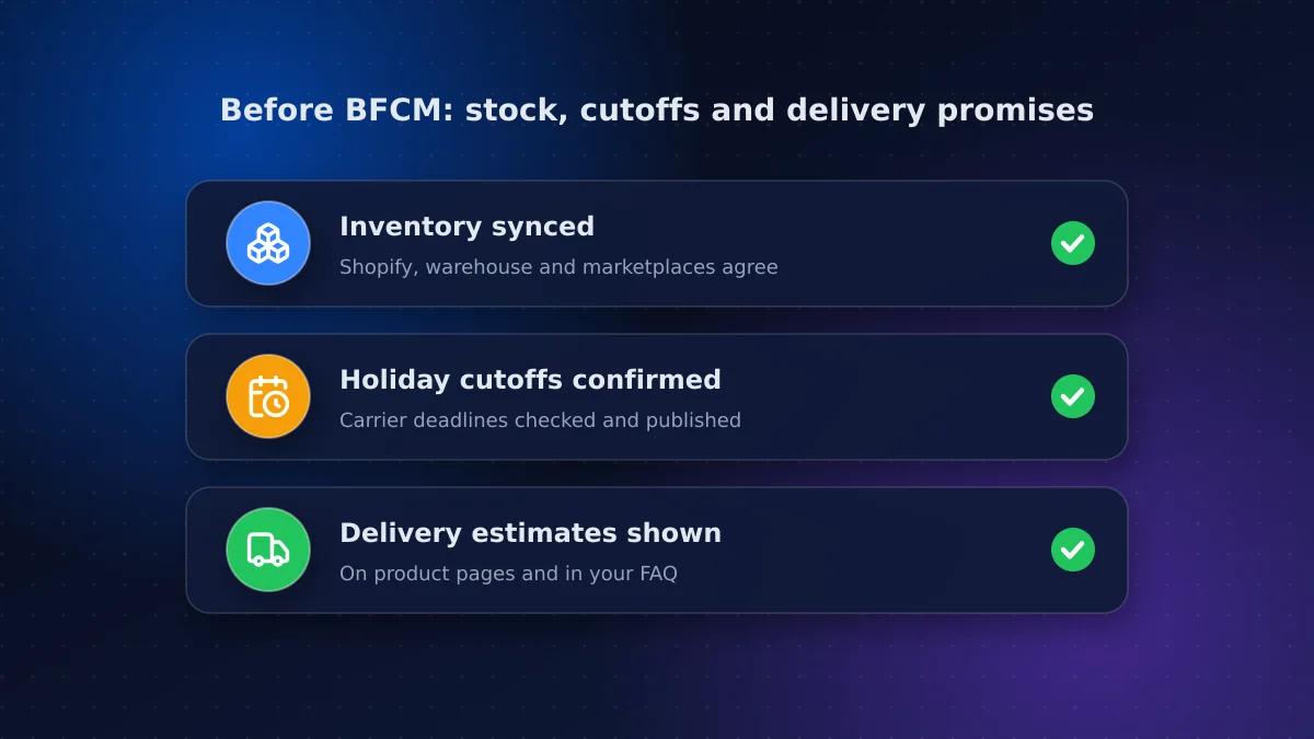 Checklist graphic showing inventory sync, carrier holiday shipping cutoffs and delivery estimate messaging for a Canadian online store