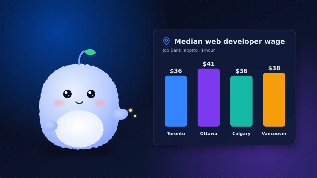 Bar chart of approximate median web developer wages from Job Bank for Toronto, Ottawa, Calgary and Vancouver