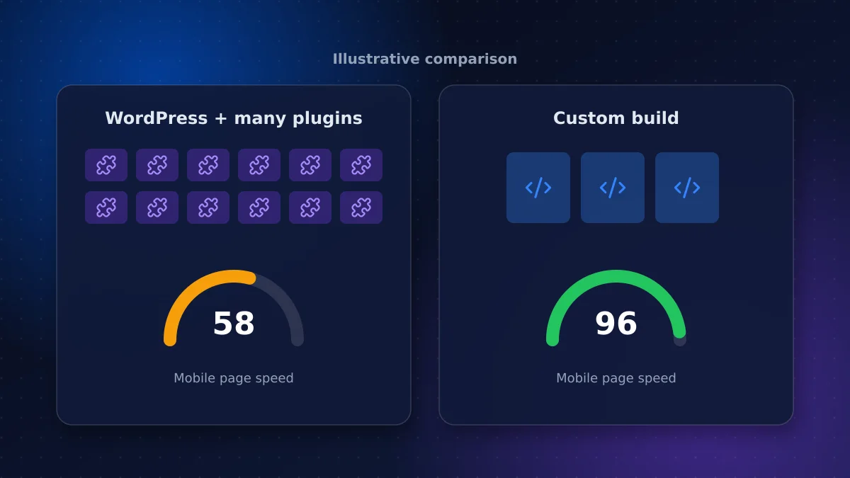 Side-by-side comparison of a WordPress site with many plugins and a custom-built site with fewer moving parts and a faster page speed score