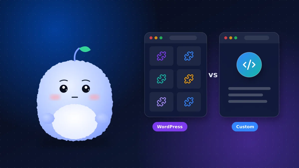 Mochi Agent, VMR's plush AI mascot, thinking while comparing a WordPress site built from many plugins with a custom-coded website