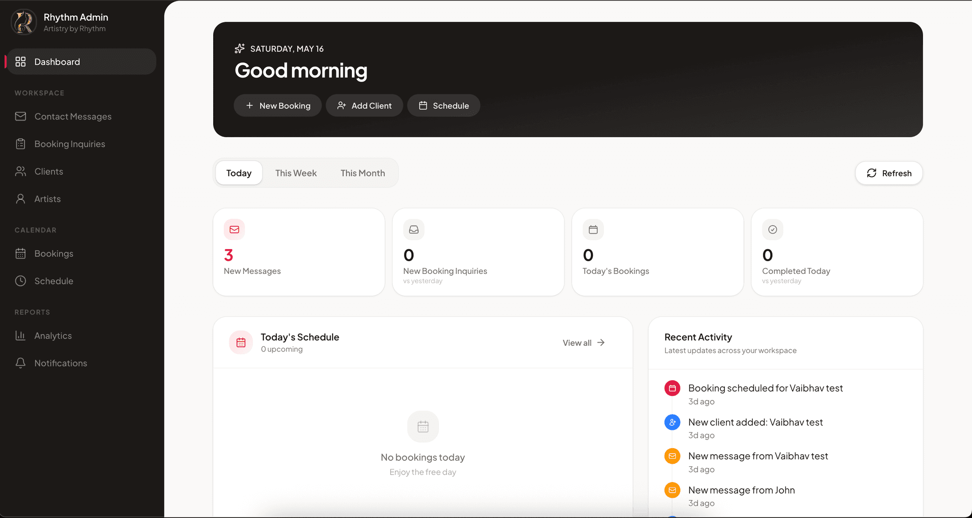 Artistry by Rhythm — custom CRM dashboard